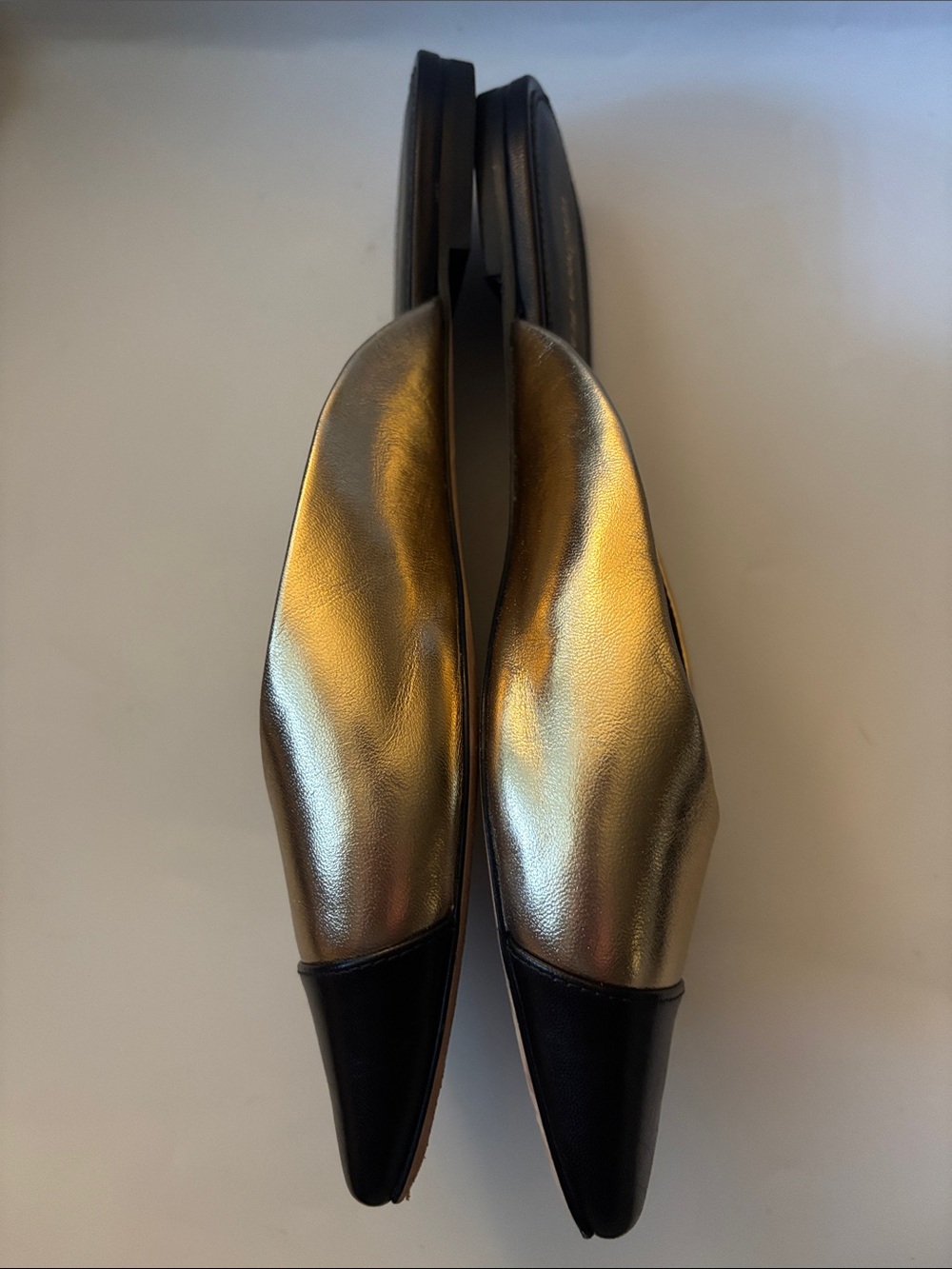 Veronica Beard Metallic Gold and Black Pointed Leather Mules - Picture 5 of 9